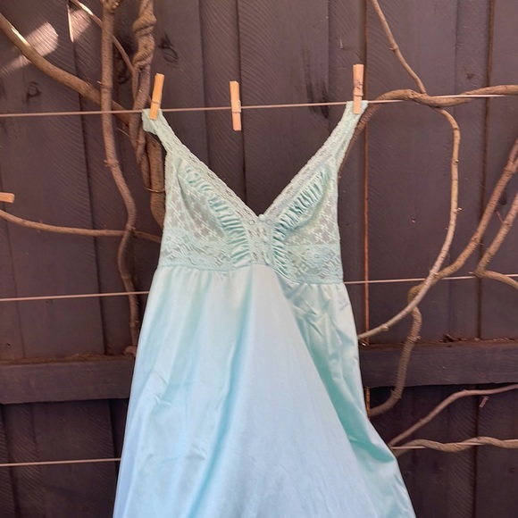Vintage 80s teal long nightgown lingerie slip dress EUC size 12 lace faerie - Picture 4 of 7